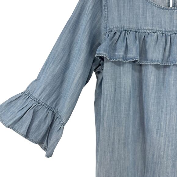 Crown And Ivy Chambray Top Ruffle Blue 3/4 Sleeve Petite Large Boho Preppy Flare - Picture 3 of 7